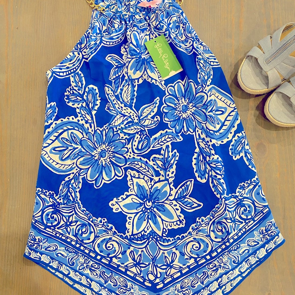NWT Lilly Pulitzer 100% silk handkerchief top - blue and white